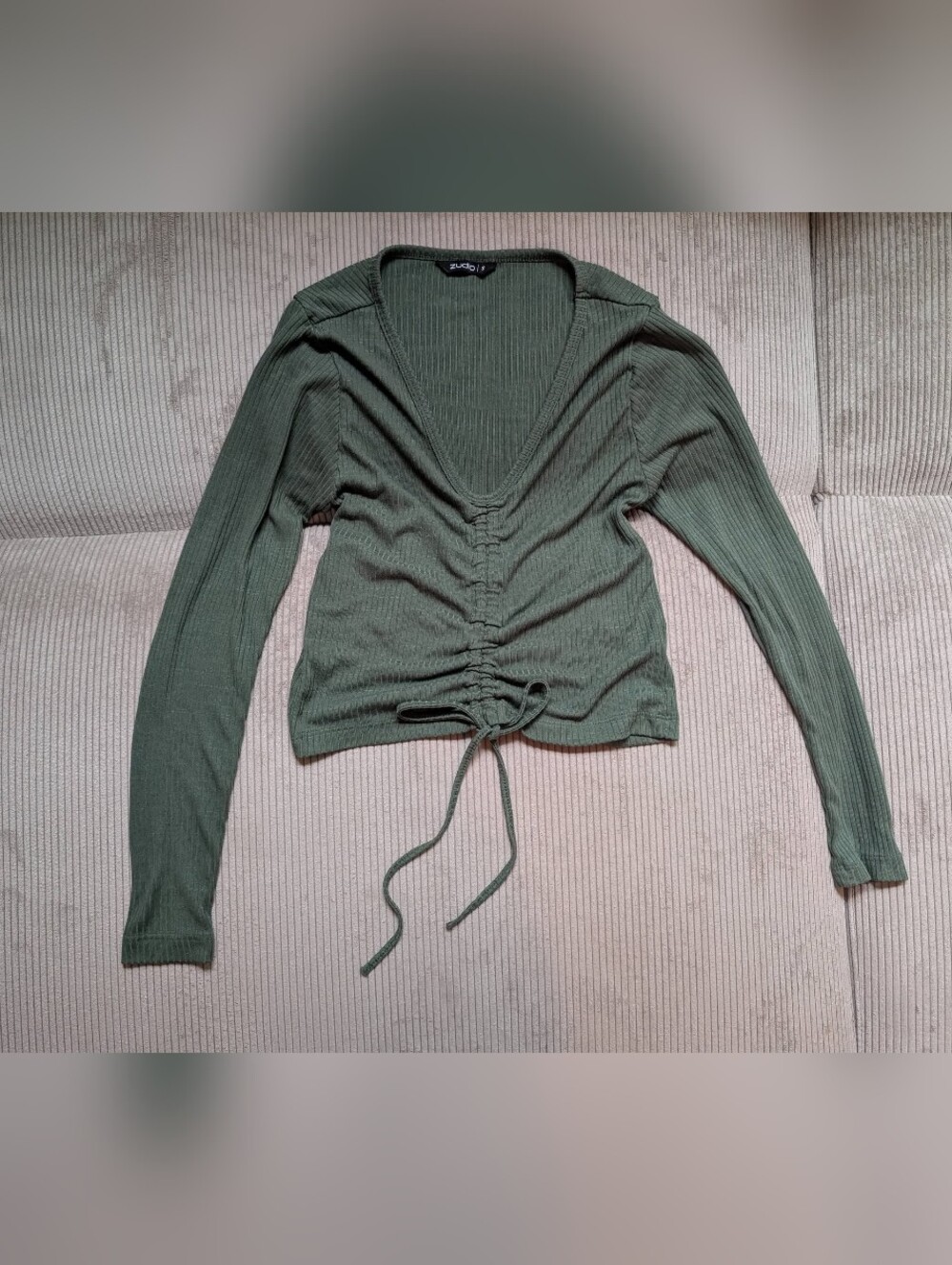 Ruched V-Neck Long Sleeve Top in Olive